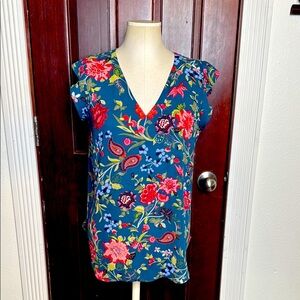 LOFT Blue and Red and pink Ruffled Cap Sleeve Blouse